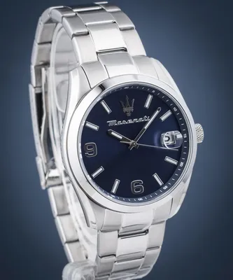 A close-up studio shot of a Maserati men's watch with a blue dial and silver metal band.
