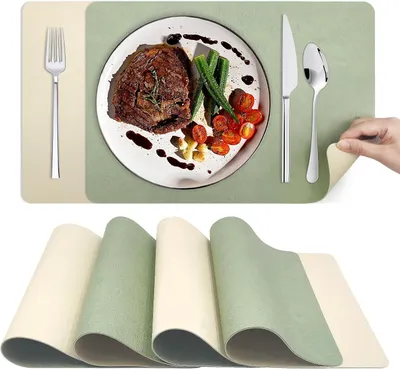 Produktbild von Abwaschbare Tischsets und Untersetzer: Rutschfeste, hitzebeständige Doppelseitige Tischsets aus PVC in Hellgrün und Beige, 43x30cm, 6er Set