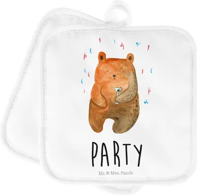Produktbild von Mr. & Mrs. Panda topfhalter Bär Party - Weiß - Geschenk, Topfuntersetzer, Topflappen 2er Set, Feiern, Teddy, Geburtstagsgeschenk, Geburtstag, Ofenlappen, Lustig