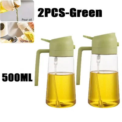 Produktbild von 500ml Ölsprühflasche, 2in1 Multifunktional, Ölsprüher Dose Sprühflasche Ölglas Ölsprüher Speiseöl Spray zum Kochen, Grillen, Backen, Heißluft.Farbe:2 Stück - Grün