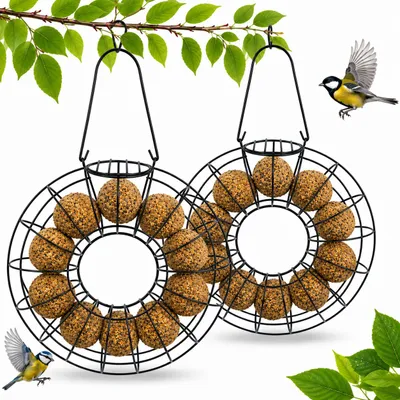 Produktbild von 2er Set Meisenknödelhalter rund aus Metall zum Aufhängen, Futterstation für Vögel, Vogelfutterspender für Meisenknödel, Garten & Balkon, KI-generiertes Bild