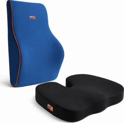 Produktbild von Set mit 2 Linomag® Orthopädischen Kissen, Lendenkissen & Sitzkissen aus Memory-Schaum, Steißbeinstütze & Lendenwirbelstütze, Schwarz/Blau