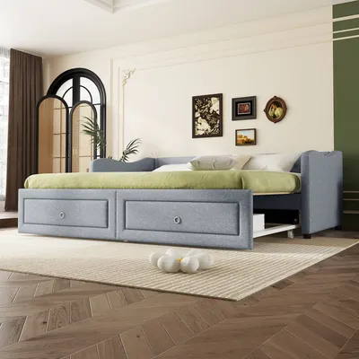 Produktbild von Schlafsofa mit Bettfunktion und Schubladen, 90x200 cm/180x200 cm, Polsterbett, Bezug aus Leinen