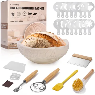 Produktbild von Gärkorb Gärkörbchen Brotbackset - 23 cm rund - 25-teilig - Rattan - Leinenfutter