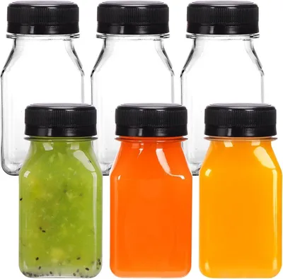 Produktbild von Saftflasche 6 Stück, Quadratisch 120 ml, Mit Schwarzem Versiegeltem Deckel, Für Säfte Smoothies Unterwegs