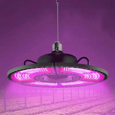 A hanging LED grow light illuminates rows of plants in a greenhouse.