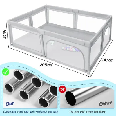 Produktbild von Baby Laufstall - Spielgitter - 205x147 cm - Für innen und außen - Metallgestell - Tür mit Reißverschluss - Hellgrau
