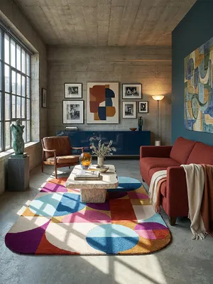 Teppich Multicolor-Rosa rechteckig im modernen Wohnzimmer auf poured warm grey concrete vor warm white plaster with a single rich wa Einrichtungsidee_#sku_SAF503119380168-SAF503119380169-SAF503119380170#