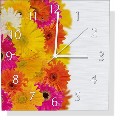 Produktbild von Wallario Design Wanduhr Bunte Gerberas - pinke, gelbe, rote und weiße Blüten aus Aluverbund, Größe 30 x 30 cm