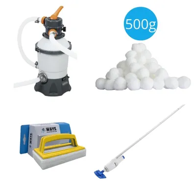 Immagine prodotto di Bestway - Aspiratore per piscina AquaReach & pompa con filtro a sabbia 3028 L/h & sfere filtranti 500 g & spazzola WAYS