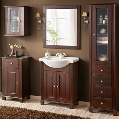 Produktbild von Landhaus Badmöbel Set inkl. 65 cm Keramik-Waschbecken AVEIRO-56, Pinie Massivholz braun, B/H/T ca. 226/180/44 cm