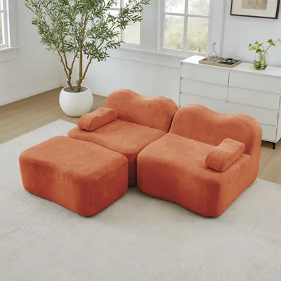 Image de Canapé modulaire sans armature Clinvia 2 places en L avec 1 pouf, forme ondulée, coussins d'accoudoirs amovibles, pour salon et appartement, montage facile, orange