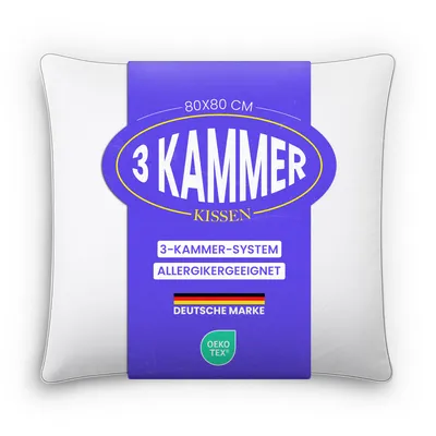 Zdjęcie produktu dla Poduszka z trzema komorami wypełniona piórami kaczkowymi, 80 x 80 cm, naturalna bawełniana poszewka, poduszka z lamówką i zewnętrznym wzmocnieniem, zachowująca swój kształt