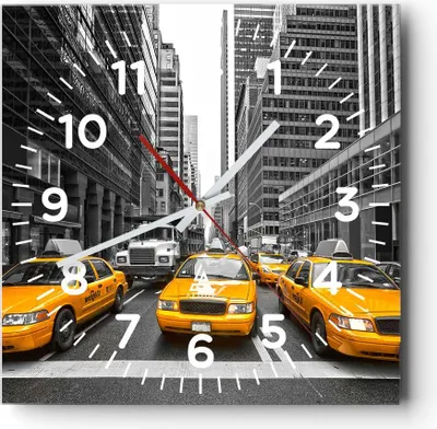 Produktbild von Wanduhr - Quadrat - Glasuhr - Taxi Stadt Straße Transport - 40x40cm - Schleichendes Uhrwerk - Lautlos - zum Aufhängen bereit - Dekoration Modern - Wanddekoration aus Glas - C4AC40x40-2695