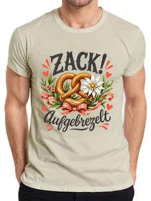 Immagine prodotto di Zack! Maglietta da uomo per l'Oktoberfest, con motivi che richiamano la tradizione bavarese: brezel, lederhosen, dirndl. Colore: naturale. Taglia: L
