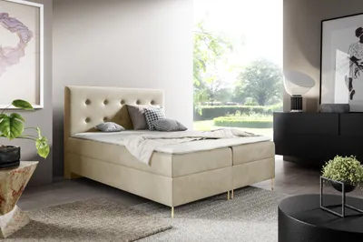 Produktbild von GUTTO Boxspringbett LOUI 180 x 200cm 2x Bettkasten TOPPER 5cm Gratis Beige Velour hohe goldene Beine