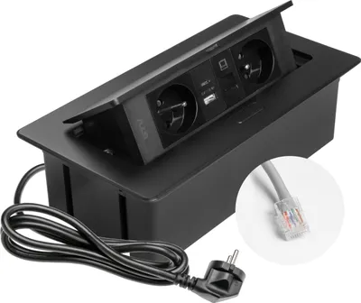 Produktbild von GTV - Einbausteckdose MULTISOFT schwarz mit 2x Steckdose mit Erdung, USB A+C, RJ45, versenkbar mit Abdeckung, 1,5 m Kabel, für Küche, Büro, Konferenz- und Arbeitstisch