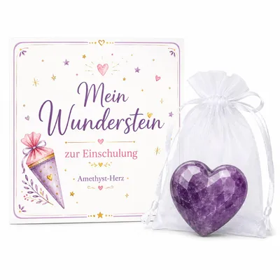 Produktbild von MilaBoo Einschulung Geschenk Herzstein Amethyst – Glücksstein Mutstein Naturstein mit Karte & Organzasäckchen – Kleine Aufmerksamkeit für Schultüte &