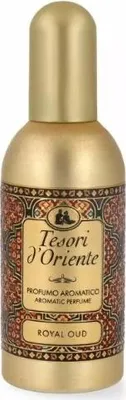 A product shot of a bottle of Tesori d'Oriente Royal Oud perfume against a white background.