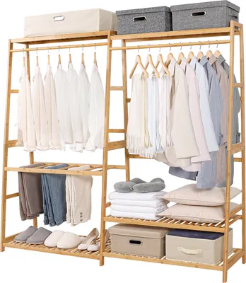 Produktbild von Yorbay Kleiderständer Bambus Garderobenständer mit Kleiderstange und Ablagen, Garderobenständer Garderobe Ständer mit Schuhregal,155x 40 x 170 cm