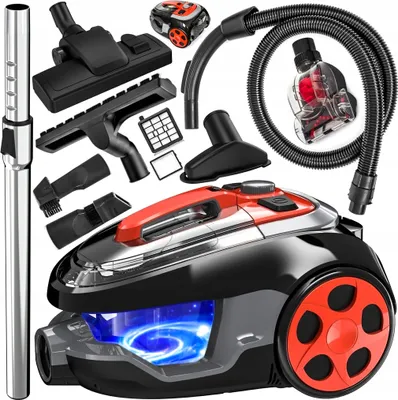 A collection of vacuum cleaner parts and accessories arranged around a vacuum cleaner.