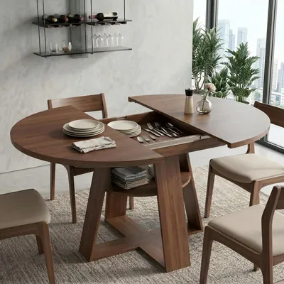 Immagine prodotto di Tavolo da pranzo allungabile, legno, forma ovale, 100-140 cm, finitura noce, piano in MDF, ripiano metallico, per 2-8 persone