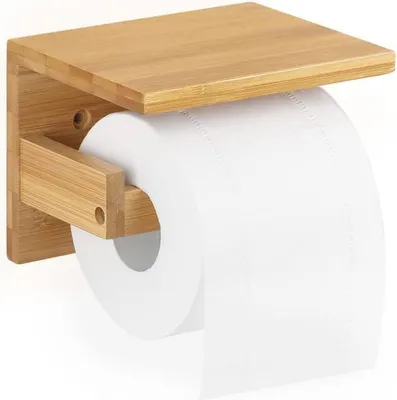Image de Support de papier toilette en bambou avec étagère, support mural pour WC cuisine salle de bain
