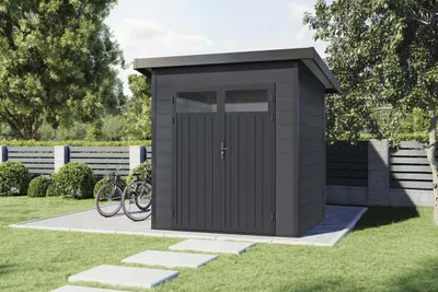 Produktbild von Finnhaus Wolff WPC Gerätehaus Vitale 2020 19 Anthrazit/Hellgrau Gerätehaus aus Holz/Kunststoff in Anthrazitgrau, Geräteschrank mit 19 mm Wandstärke Gartenhaus