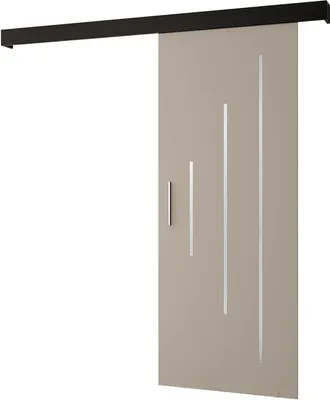 A sliding door is shown mounted on a black track against a white background.