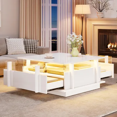 Productafbeelding van Witte salontafel, met LED-verlichting, 2 lades, acrylscheiding