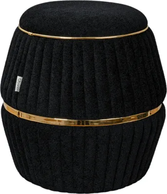 Produktbild von Qiyano Pouf Sitzhocker aus kuscheliger Teddystoff in Zylinderform mit Ziernähten und Metalloptikringen in Schwarz Gold, Höhe ca. 52 cm
