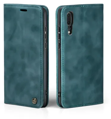 A teal flip case for a Huawei P20 phone, shown from the front and side.