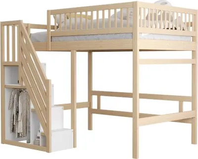 Produktbild von Massivholzbett ohne Matratze 140x200cm Treppe Stauschrank Hohes Gelaender Kinderbett Jugendbett Massivholzbettgestell Naturbelassen Multifunktionsbett