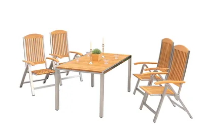 Zdjęcie produktu dla Zestaw mebli ogrodowych Merxx Keros 5 szt., 4 składane fotele, 1 stół 150 x 90 cm – stal nierdzewna/akacja