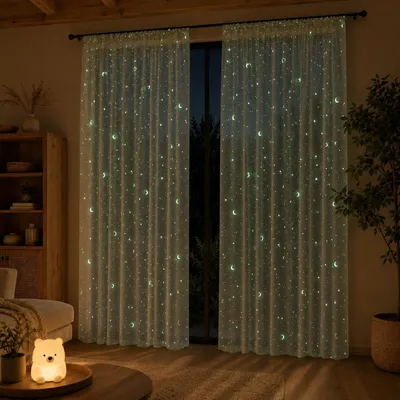 Produktbild von Vorhang Kinderzimmer 2er Set Transparent Fluoreszierende Sternen Himmel Voile Gardinen Jungen Mädchen Babyzimmer Fenster Dekoschal Weiß 132x214cm