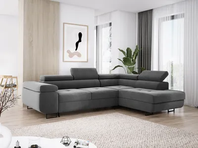 Obrázek produktu pro Rohová sedací souprava MONTANA 202x277 cm, obývací část ve tvaru L, rohová sedací souprava s funkcí spaní a lůžkem, čalouněný roh, sametová sedačka, pohovka - pravá šedá MH85