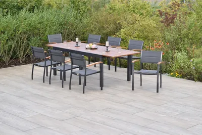 Produktbild von Merxx Gartenmöbel Set Paxos 9tlg., 8 Stapelsessel, Ausziehtisch 180 (250 9x 100 cm- Aluminium/Akazie/Textil