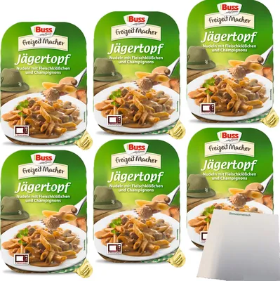 Produktbild von Buss Jägertopf Eiernudeln mit deftigen Fleischklößchen und Champignons in einer feinen Bratensauce 6er Pack (6x300g Packung) + usy Block
