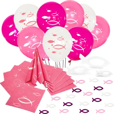Produktbild von Oblique Unique Deko Set für Taufe Kommunion Konfirmation Mädchen - Luftballons + Holz Fische + Servietten - rosa pink weiß