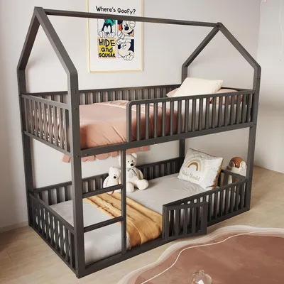 Produktbild von okwish Etagenbett 90×200 Kinderbett ohne Matratze,Stockbett mit Treppe und Loft-Design,Unteres Bett mit Tür,Jugendbett mit Rundum-Sicherheitsgeländer,Schwarz