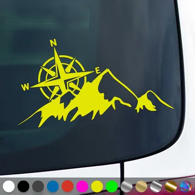 Produktbild von PantherPixel Kompass Berge Aufkleber Windrose Reisen Camping Sticker Auto Geschenkidee Farbe Neon-Gelb