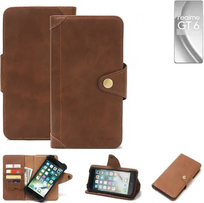 Produktbild von K-S-Trade Handyhülle kompatibel mit Realme GT 6 Global Schutz Hülle Walletcase Bookstyle Tasche Case Handytasche Wallet Flipcase Cover PolyurethanBraun (1x)