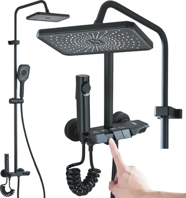 Zdjęcie produktu dla Zestaw prysznicowy Ari z bidetka czarny, deszczownica, panel multifunkcyjny, słuchawka prysznicowa, bateria bidetowa, montaż ścienny
