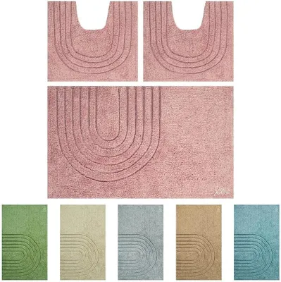 Image de Ensemble de tapis de bain en coton, 3 pièces, antidérapant et lavable, rose, comprenant 1 tapis de 45 x 75 cm et 2 tapis de 40 x 45 cm