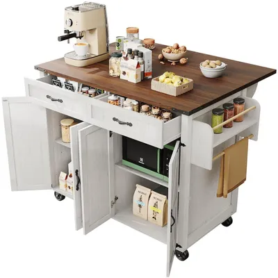 Immagine prodotto di Carrello servitore per cucina con isola, dotato di piano di lavoro estraibile, colore beige, 4 ante, 2 cassetti, dimensioni 140x45x90,5 cm