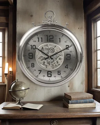 A large, silver pocket watch-style wall clock is displayed on a wooden wall above a desk with books and a globe.