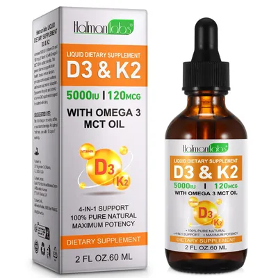 Produktbild von Flüssiges Vitamin D3 & K2 – 5000 IE D3 + 120 mcg K2 – Mit pflanzlichem Omega 3 & MCT Öl – Vegan & Glutenfrei – 60 ml