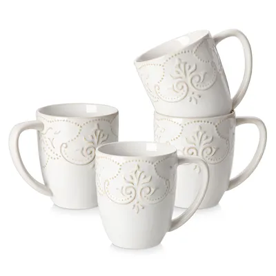 Image de Ensemble de tasses VANCASSO, 4 pièces, en grès, capacité de 420 ml, gobelets à boire, tasses à café avec anse, couleur blanche