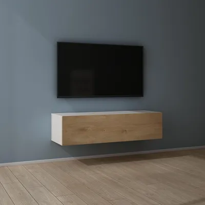 Produktbild von Mai & Mai Fernsehschrank Verdeckter Griff mit Soft-Close Lowboard Hängeschrank für Wohnzimmer in Matt Weiß + Kerneiche BTH: 120x40,2x30 cm Fernsehschrank02