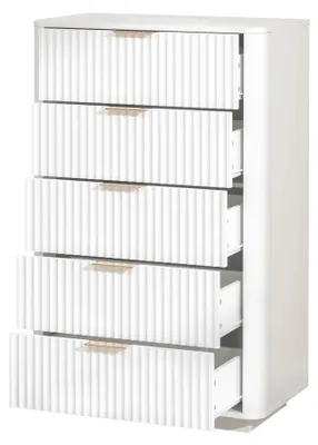 Zdjęcie produktu dla Komoda – szafka do przechowywania – 5 szuflad – płyta MDF – metalowe uchwyty – zabezpieczenie przed przewróceniem – kolor biały